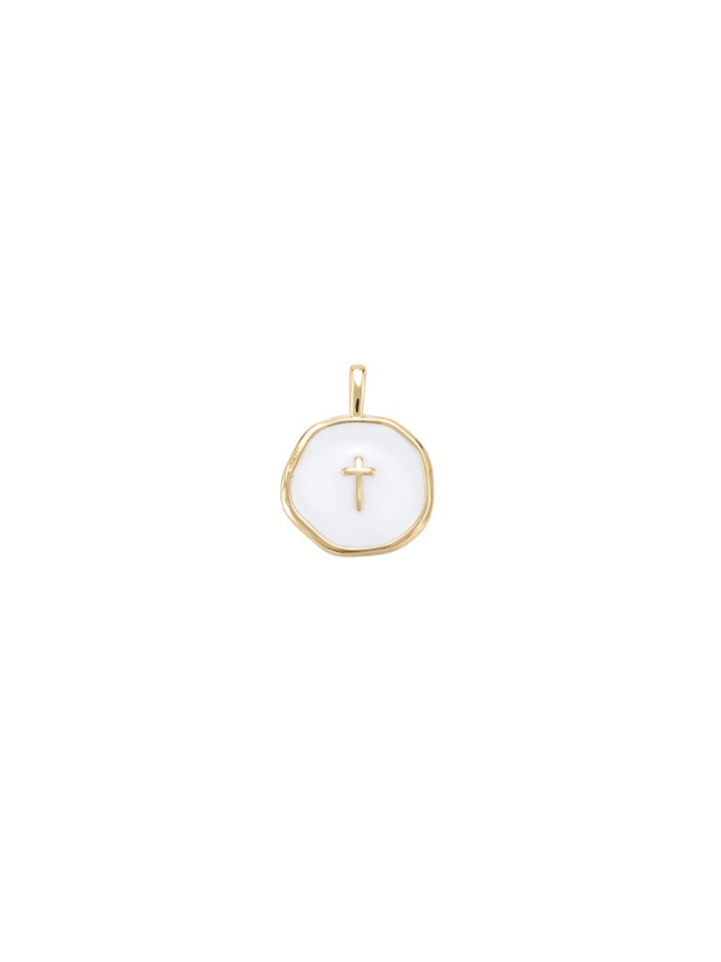 Gold White Round Disc with Gold Cross Charm