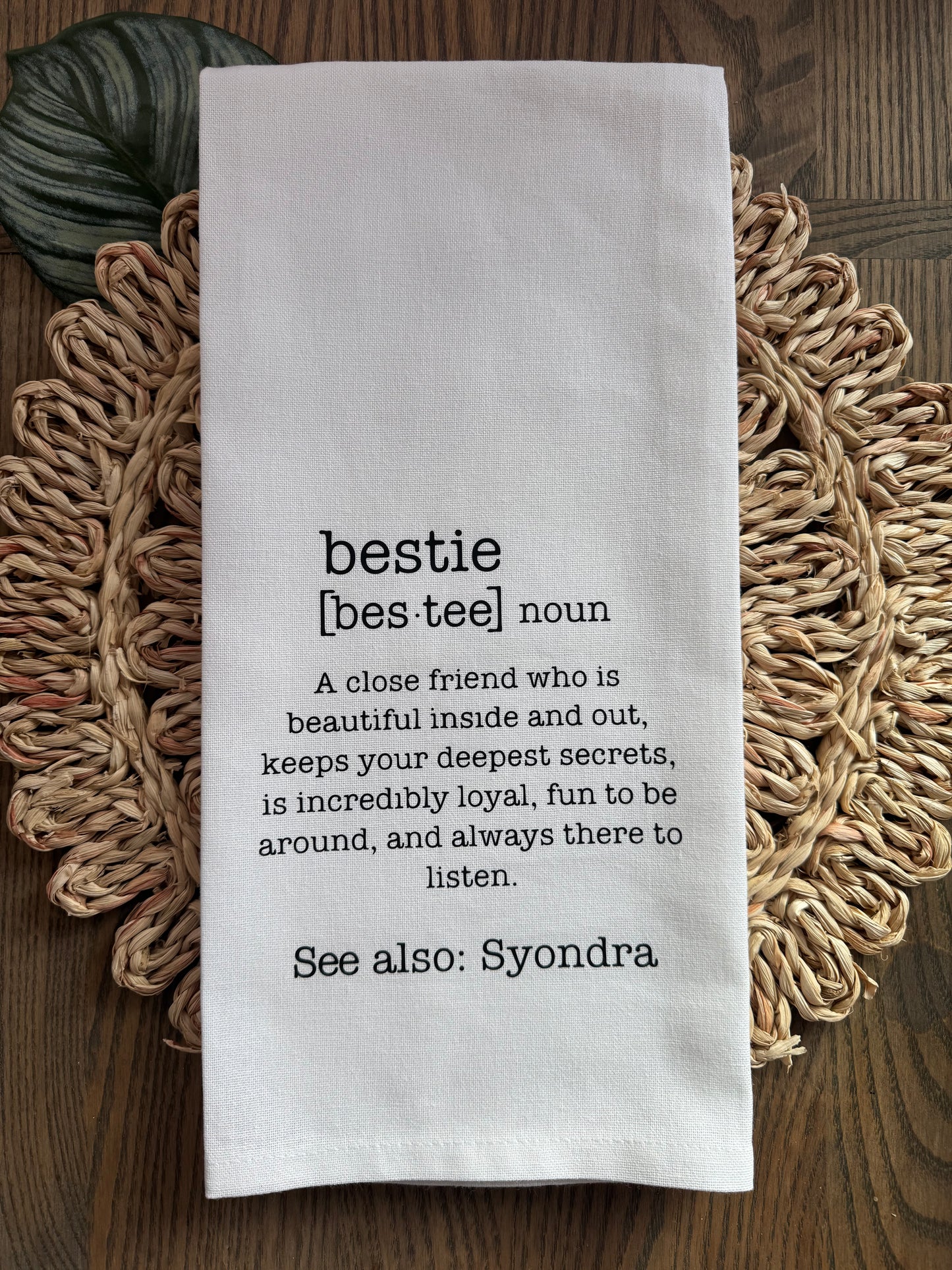 Personalized Bestie Tea Towel – Custom Name, Friendship Kitchen Towel Gift