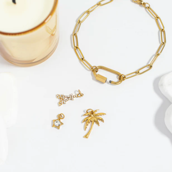 Gold Paperclip Chain Stainless Steel Carabiner Bracelet with Extender