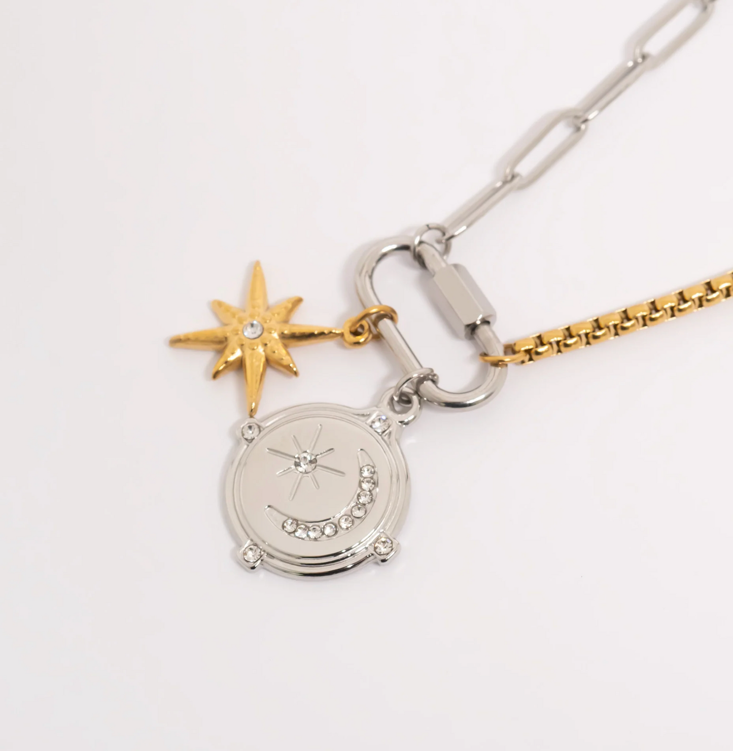 18K Gold PVD Stainless Steel Mixed Metal Paperclip Carabiner Necklace