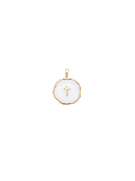 Gold White Round Disc with Gold Cross Charm