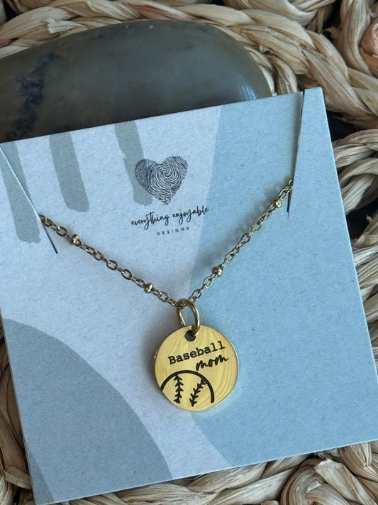 Sports Mom Necklace – Engraved Gold Disc Pendant, Sports Mom Jewelry