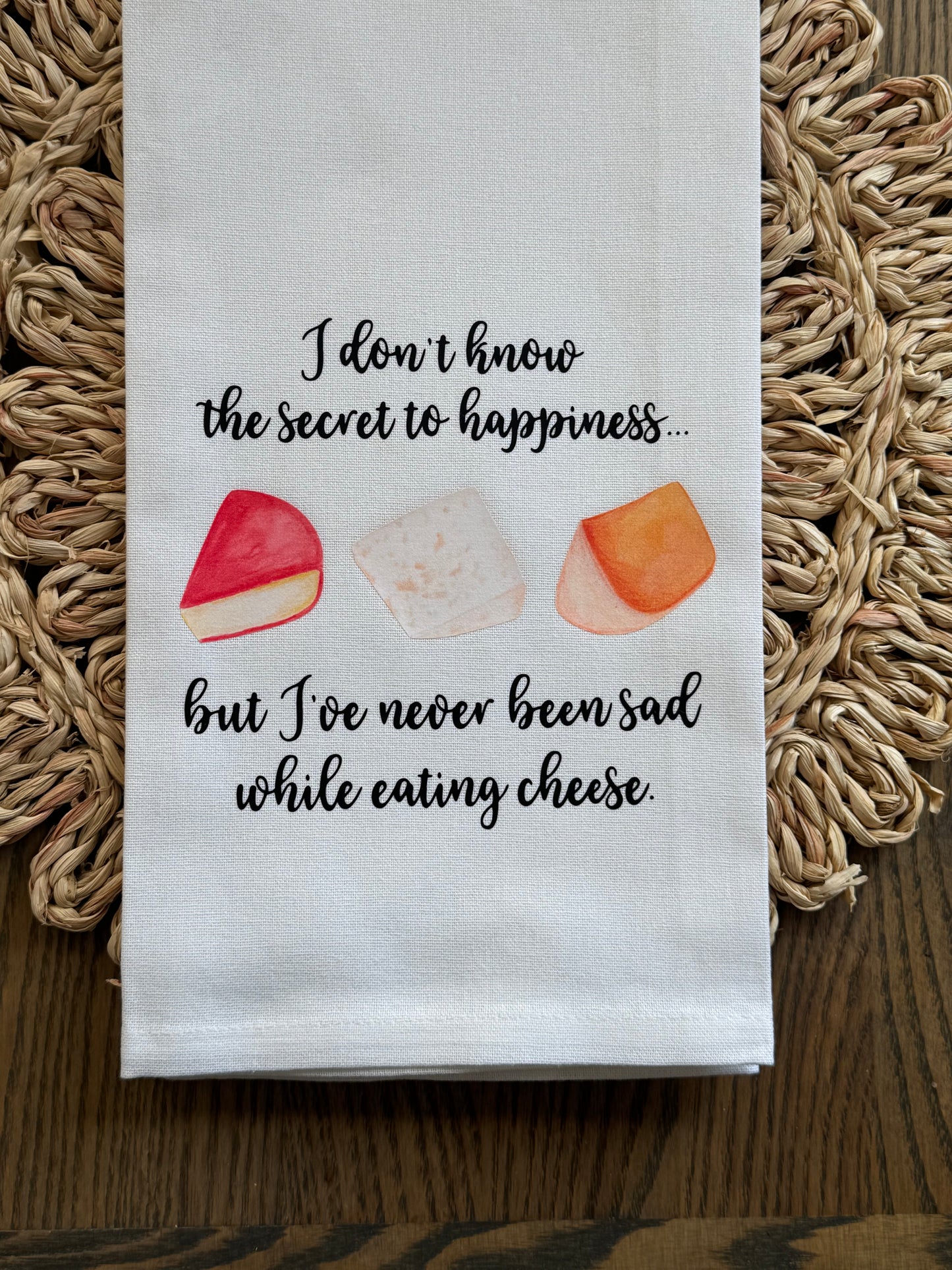 Funny Cheese Tea Towel – Secret to Happiness Kitchen Towel | Foodie Gift, Hostess Humor