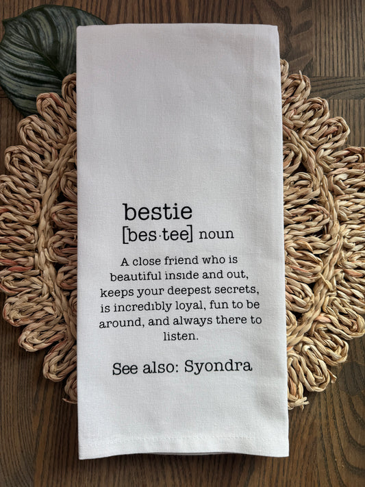 Personalized Bestie Tea Towel – Custom Name, Friendship Kitchen Towel Gift