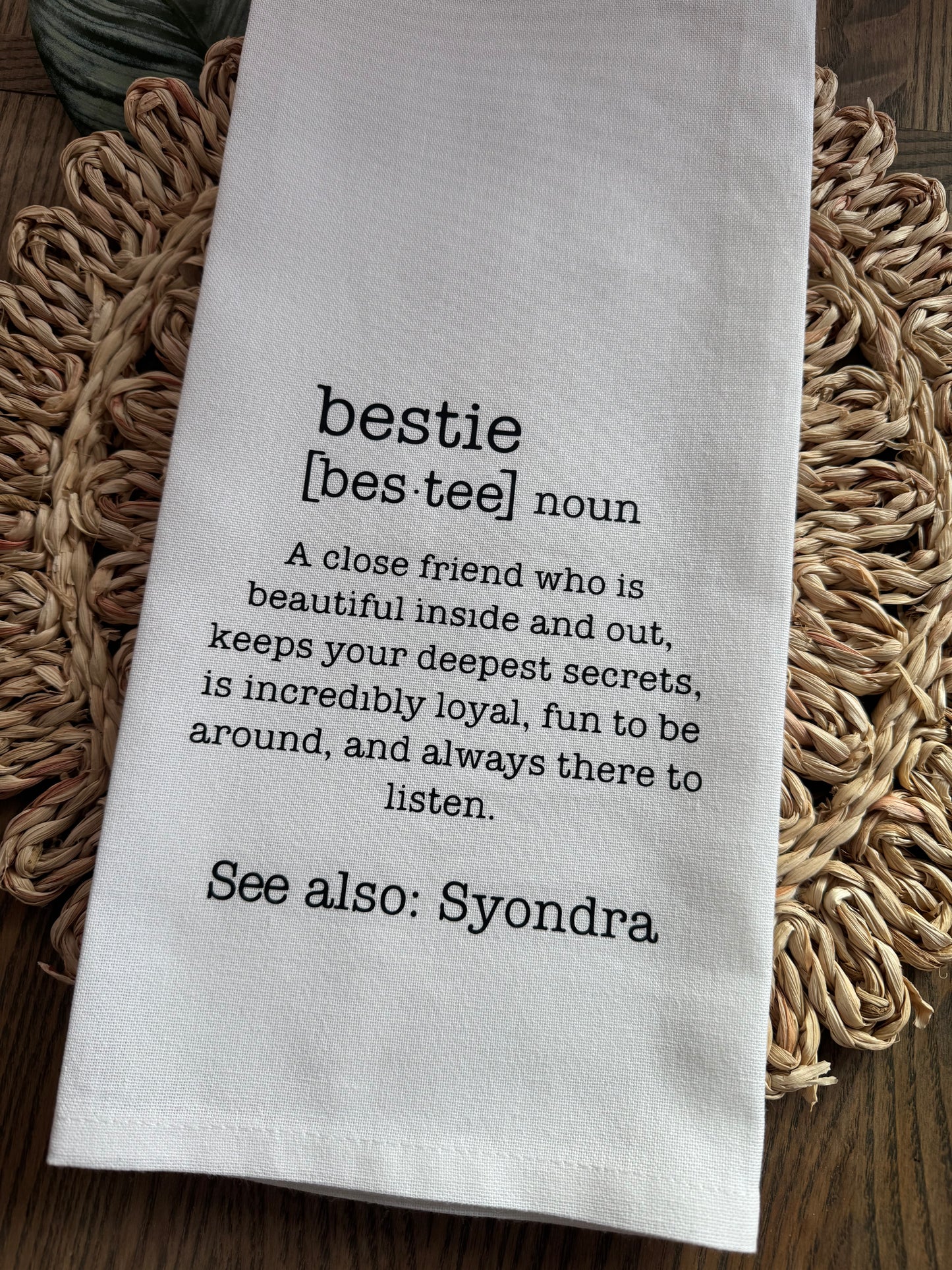 Personalized Bestie Tea Towel – Custom Name, Friendship Kitchen Towel Gift