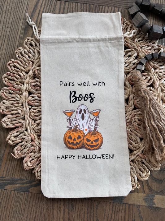 Halloween Wine Bag – "Pairs Well with Boos" Ghost & Pumpkin Gift Bag | Reusable Cotton Drawstring