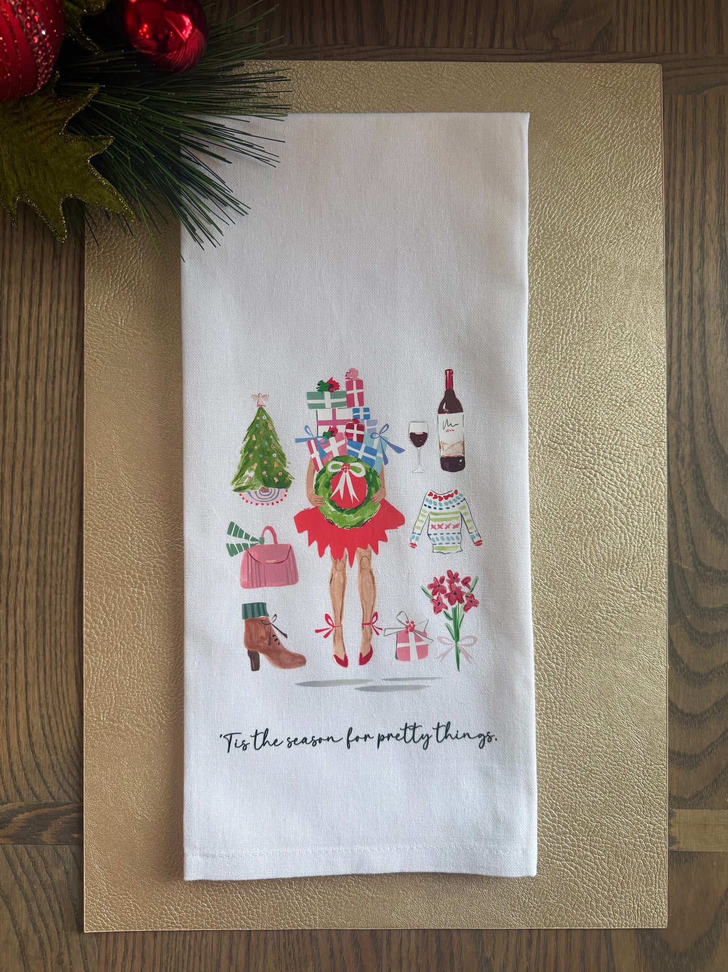 “’Tis the Season for Pretty Things” Christmas Tea Towel – Holiday Gifts, Wine & Tree Design – Festive Kitchen Decor