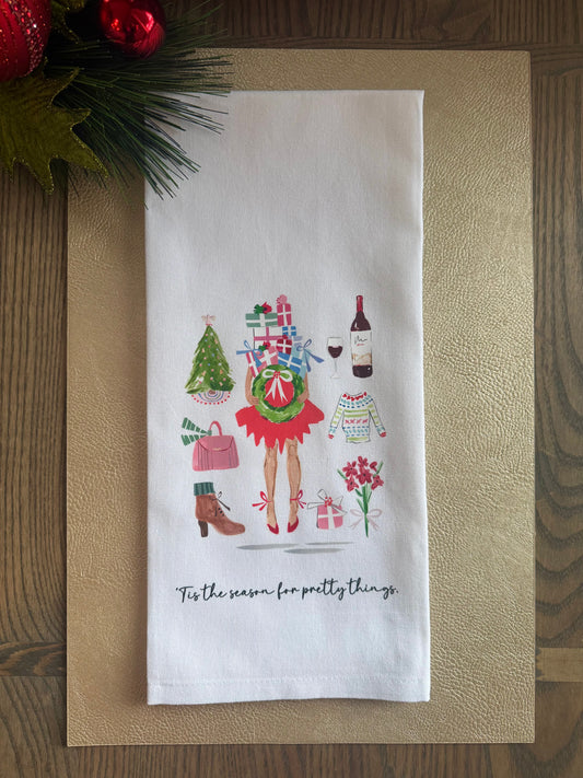 “’Tis the Season for Pretty Things” Christmas Tea Towel – Holiday Gifts, Wine & Tree Design – Festive Kitchen Decor