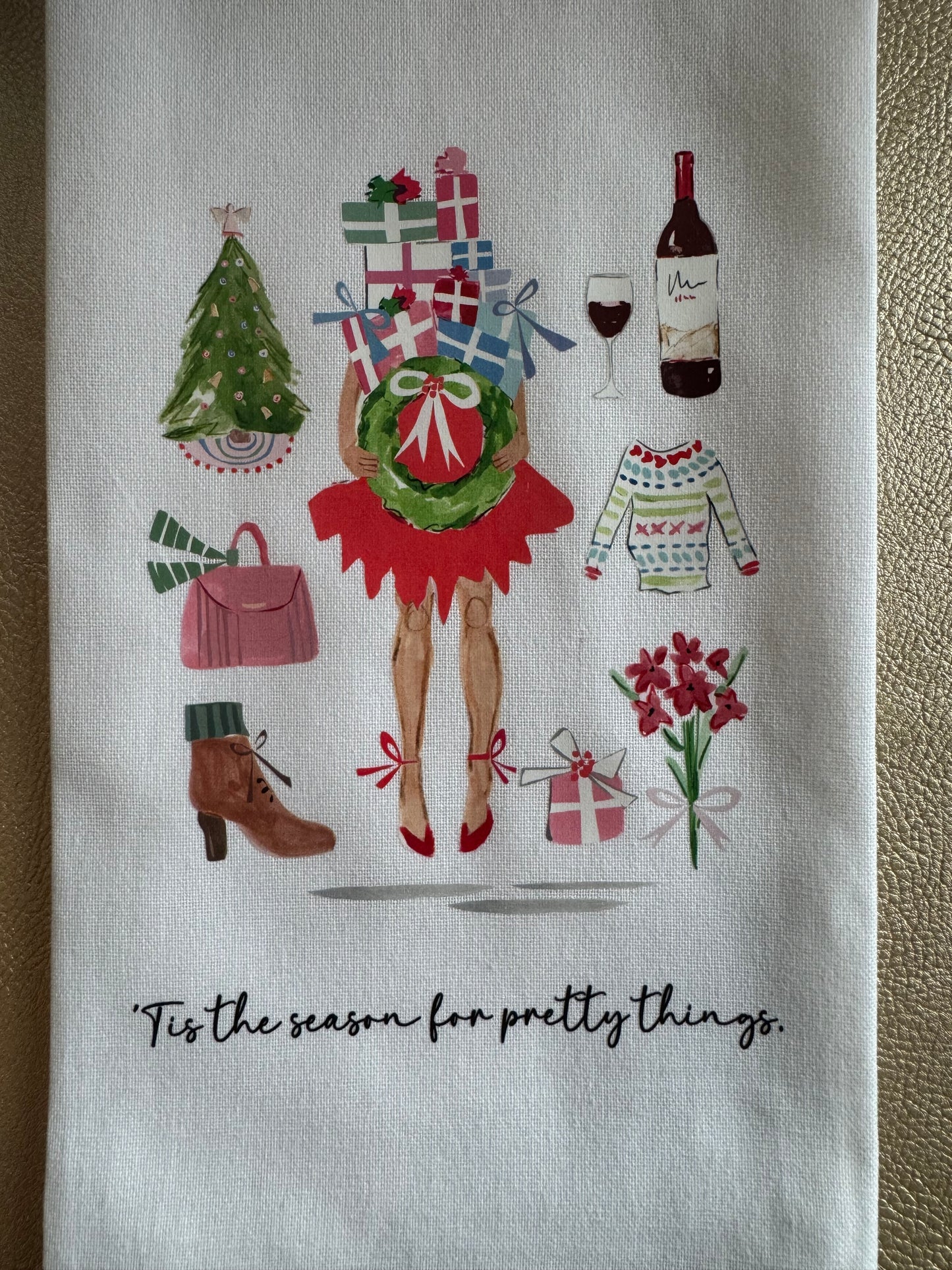“’Tis the Season for Pretty Things” Christmas Tea Towel – Holiday Gifts, Wine & Tree Design – Festive Kitchen Decor
