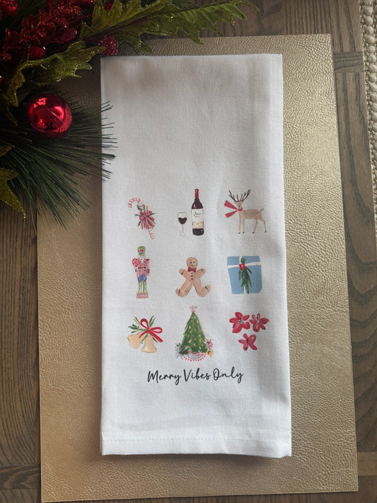 “Merry Vibes Only” Christmas Tea Towel – Holiday Kitchen Decor, Cute Christmas Gift, Wine & Reindeer Design