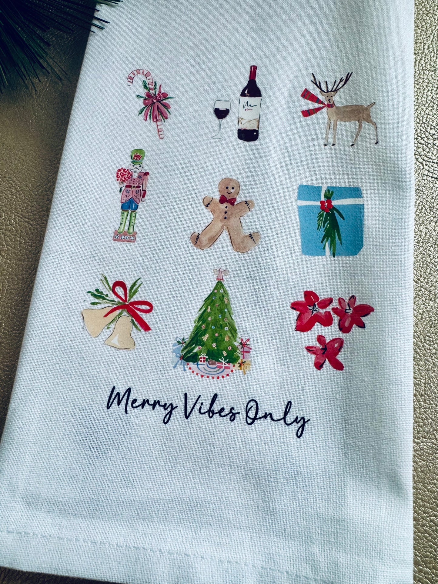 “Merry Vibes Only” Christmas Tea Towel – Holiday Kitchen Decor, Cute Christmas Gift, Wine & Reindeer Design