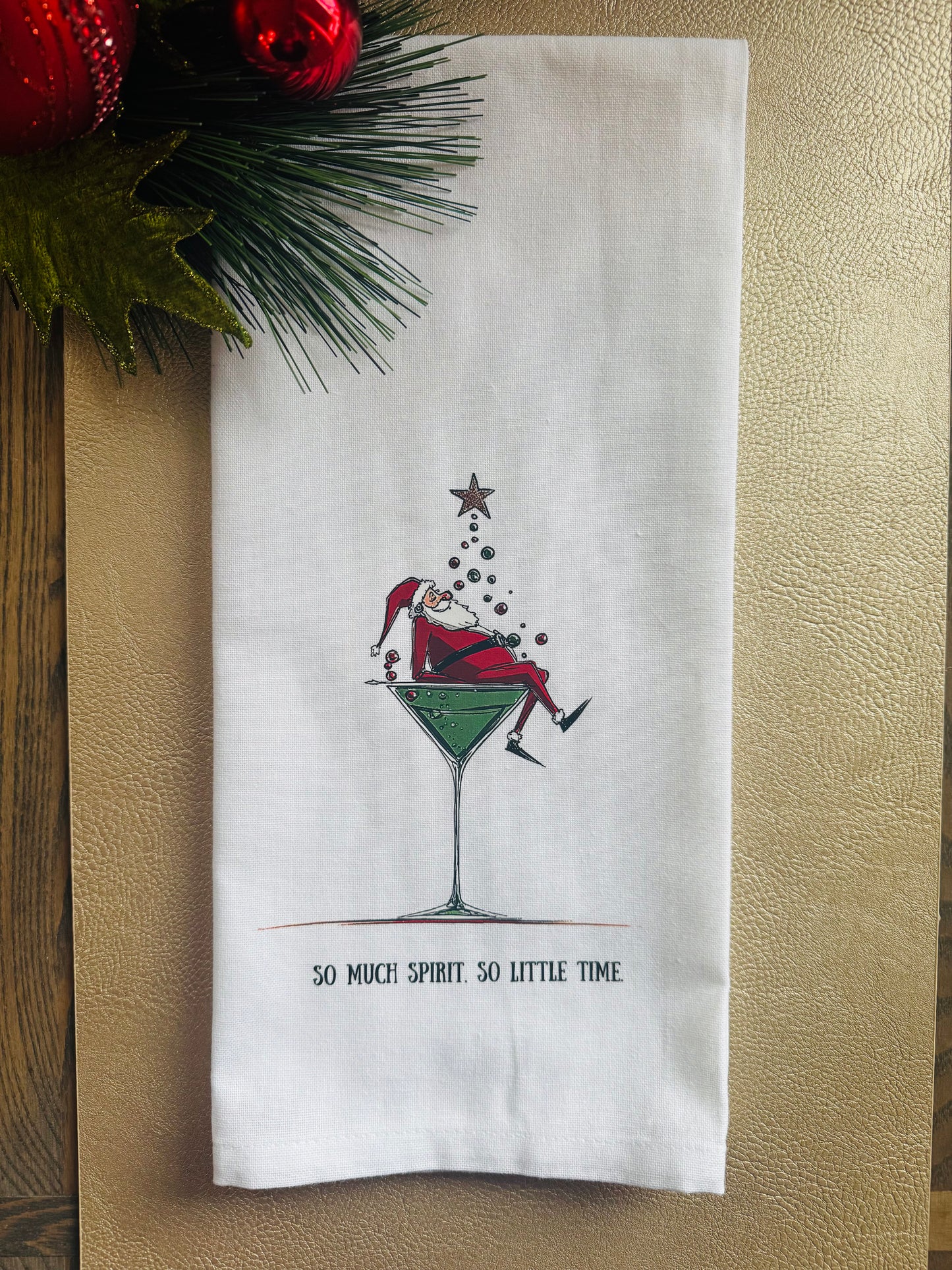 “So Much Spirit, So Little Time” Christmas Tea Towel – Funny Holiday Kitchen Decor, Santa Martini Towel, Hostess Gift (Copy)
