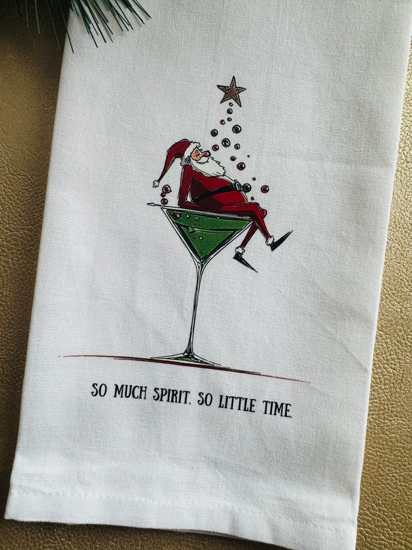 “So Much Spirit, So Little Time” Christmas Tea Towel – Funny Holiday Kitchen Decor, Santa Martini Towel, Hostess Gift (Copy)