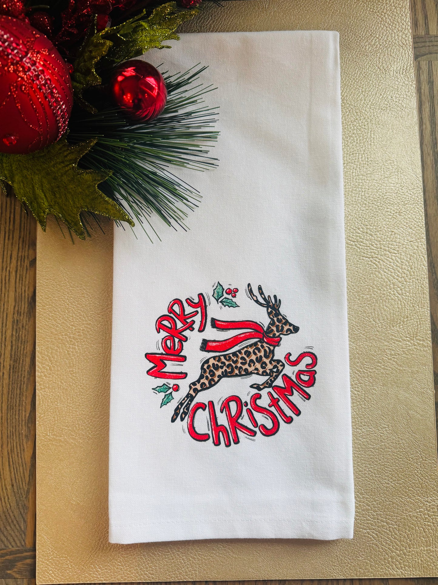 Merry Christmas Leopard Reindeer Tea Towel
