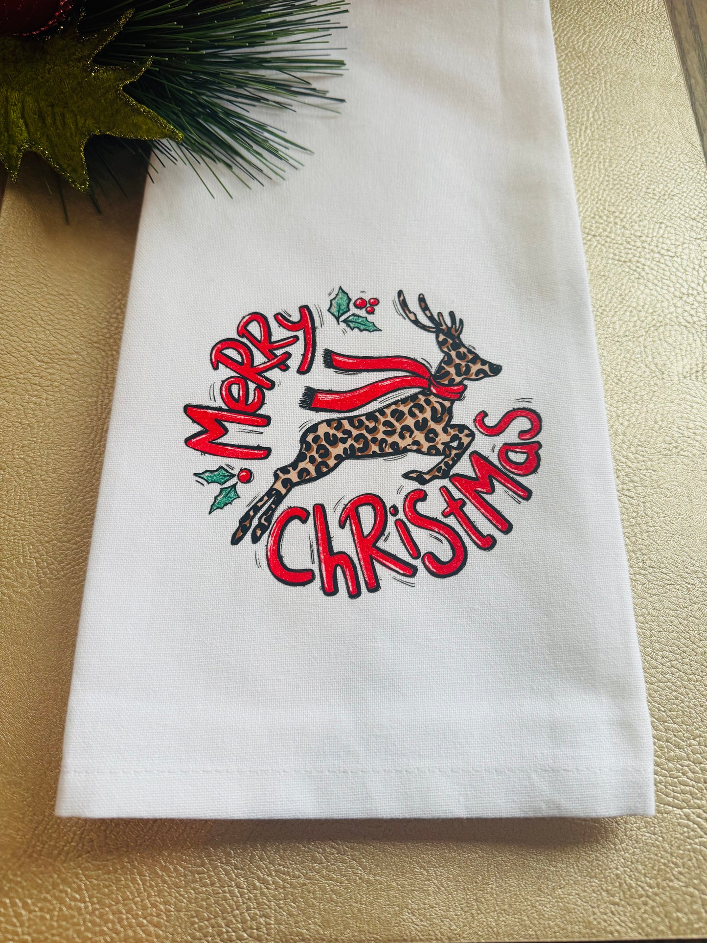 Merry Christmas Leopard Reindeer Tea Towel