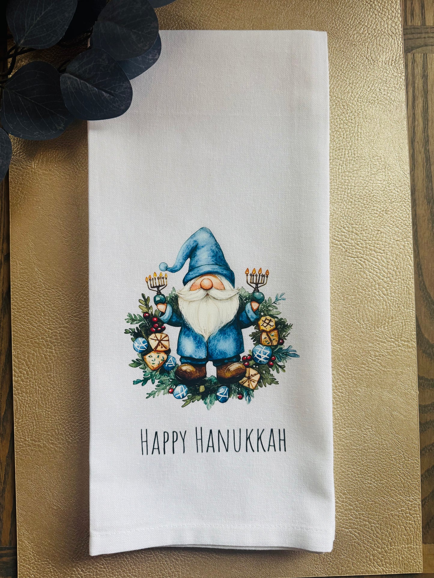 Happy Hanukkah Gnome Tea Towel – Blue Menorah & Dreidel Design, Hanukkah Kitchen Decor, Jewish Holiday Gift