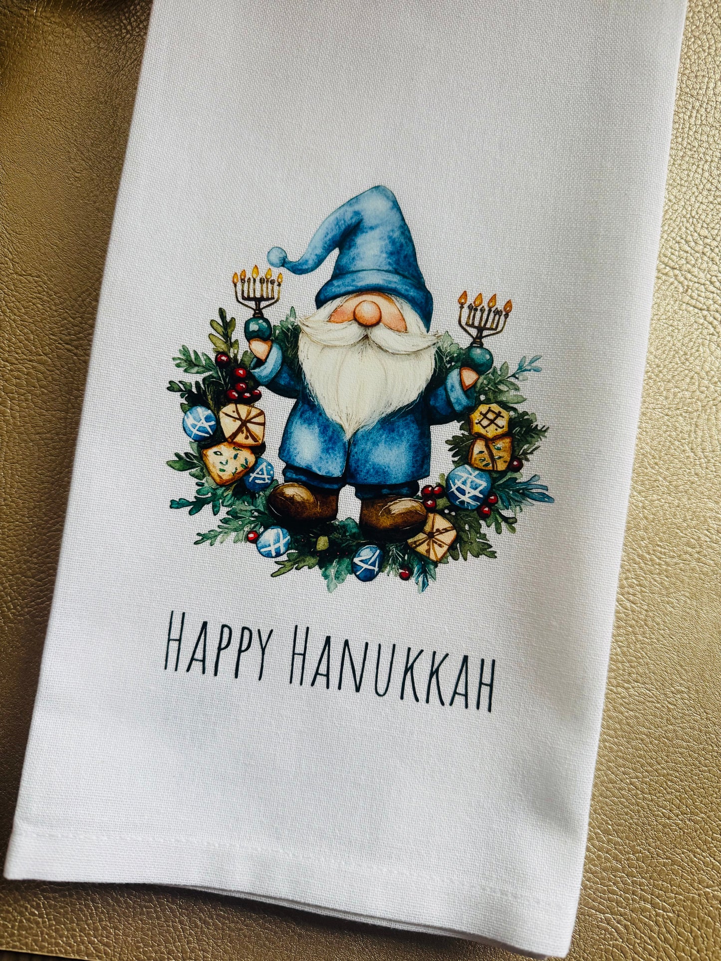 Happy Hanukkah Gnome Tea Towel – Blue Menorah & Dreidel Design, Hanukkah Kitchen Decor, Jewish Holiday Gift