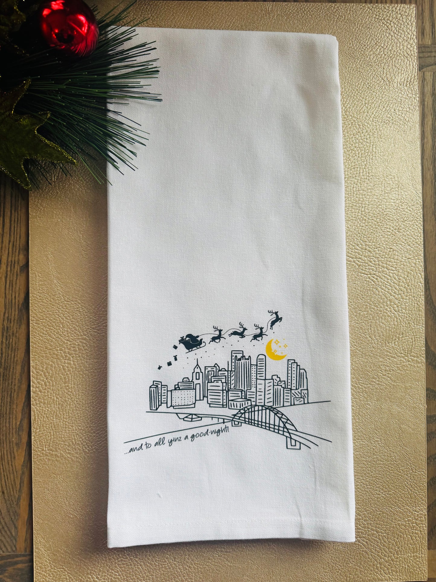 Pittsburgh Skyline Christmas Tea Towel – Santa Sleigh Design, “And to All Yinz a Good Night,” Holiday Kitchen Decor, Pittsburgh Gift