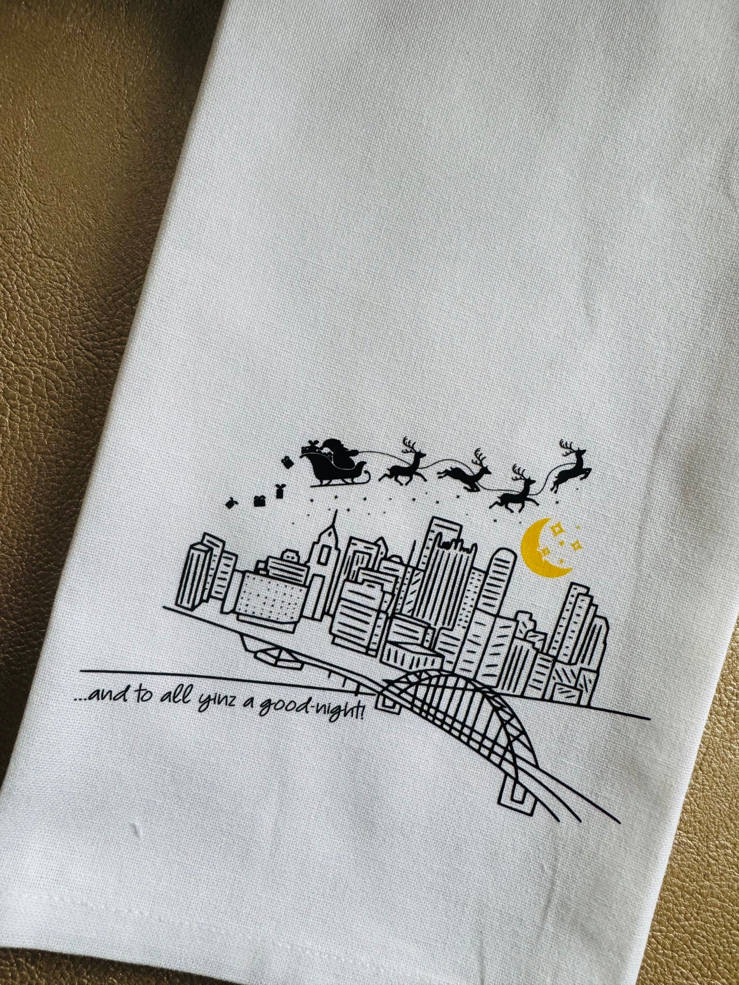 Pittsburgh Skyline Christmas Tea Towel – Santa Sleigh Design, “And to All Yinz a Good Night,” Holiday Kitchen Decor, Pittsburgh Gift
