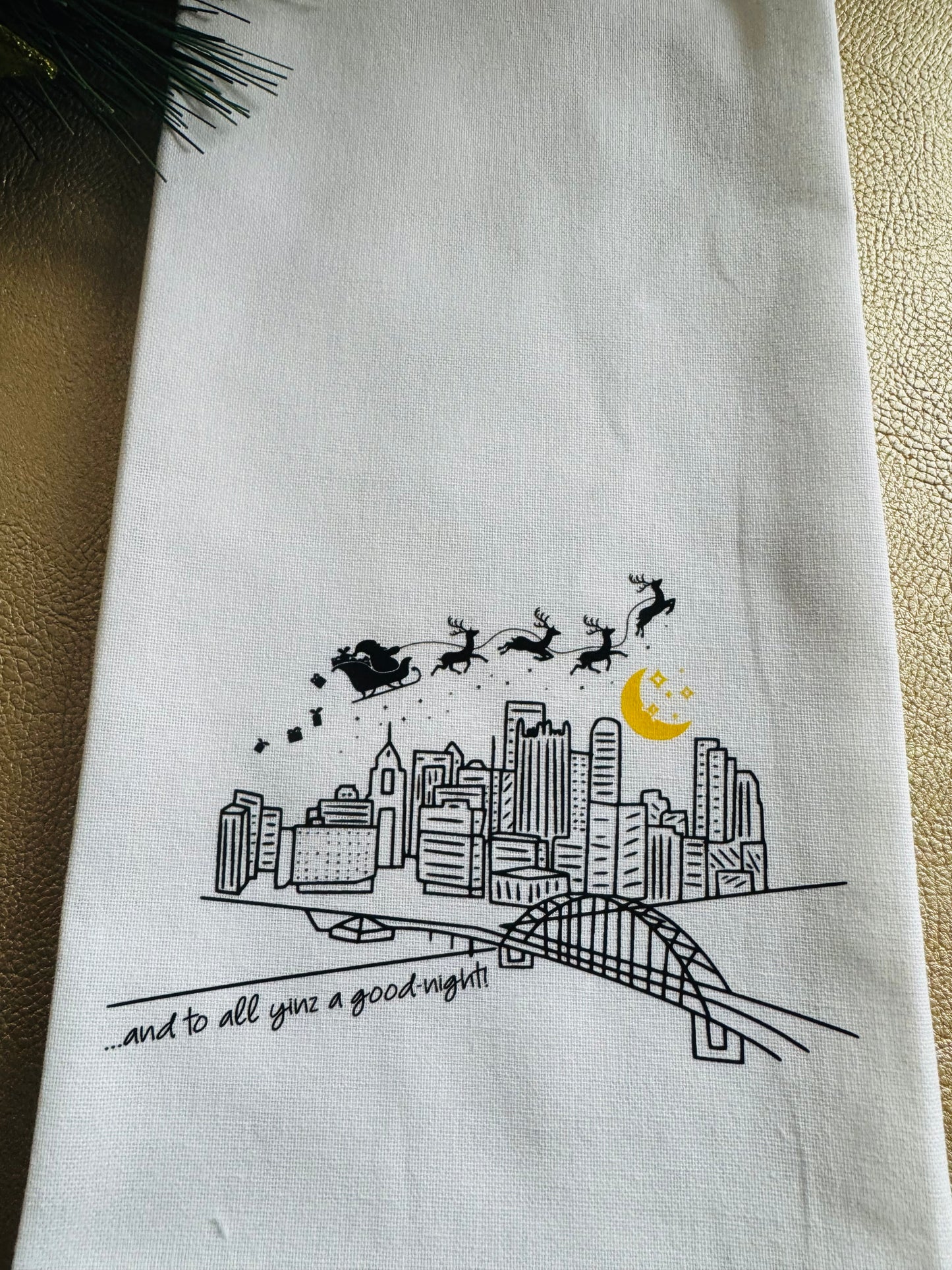 Pittsburgh Skyline Christmas Tea Towel – Santa Sleigh Design, “And to All Yinz a Good Night,” Holiday Kitchen Decor, Pittsburgh Gift