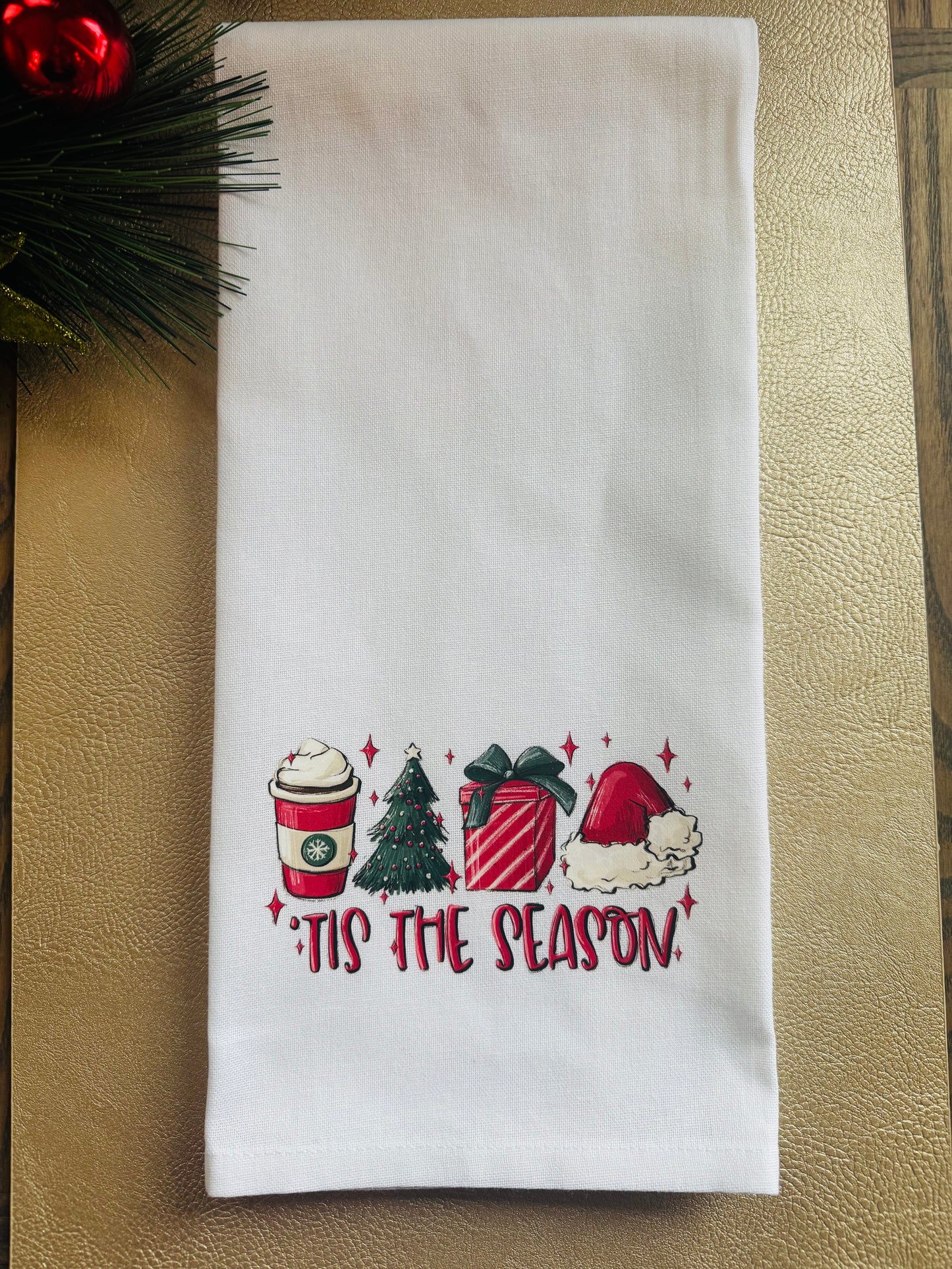 “’Tis the Season” Christmas Tea Towel – Festive Holiday Kitchen Decor, Gift Wrap and Coffee Cup Design, Perfect Hostess Gift