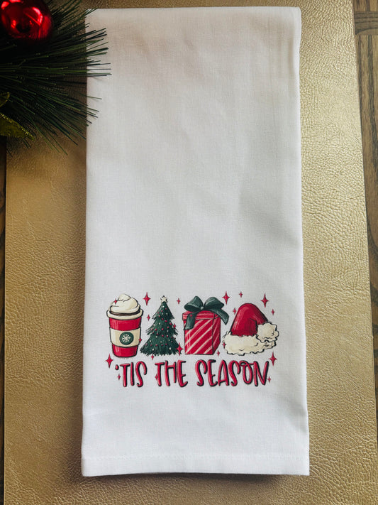 “’Tis the Season” Christmas Tea Towel – Festive Holiday Kitchen Decor, Gift Wrap and Coffee Cup Design, Perfect Hostess Gift