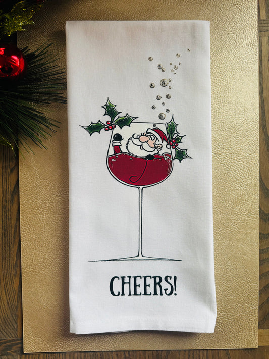“Cheers” Christmas Tea Towel – Funny Holiday Kitchen Decor, Santa Wine Towel, Hostess Gift (Copy) (Copy)