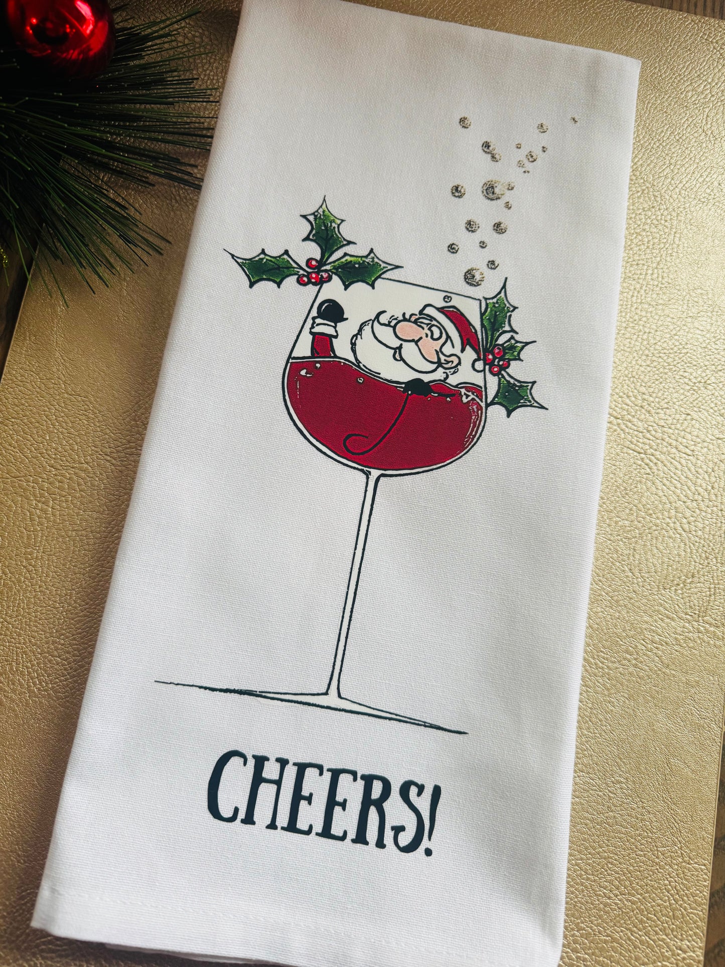 “Cheers” Christmas Tea Towel – Funny Holiday Kitchen Decor, Santa Wine Towel, Hostess Gift (Copy) (Copy)