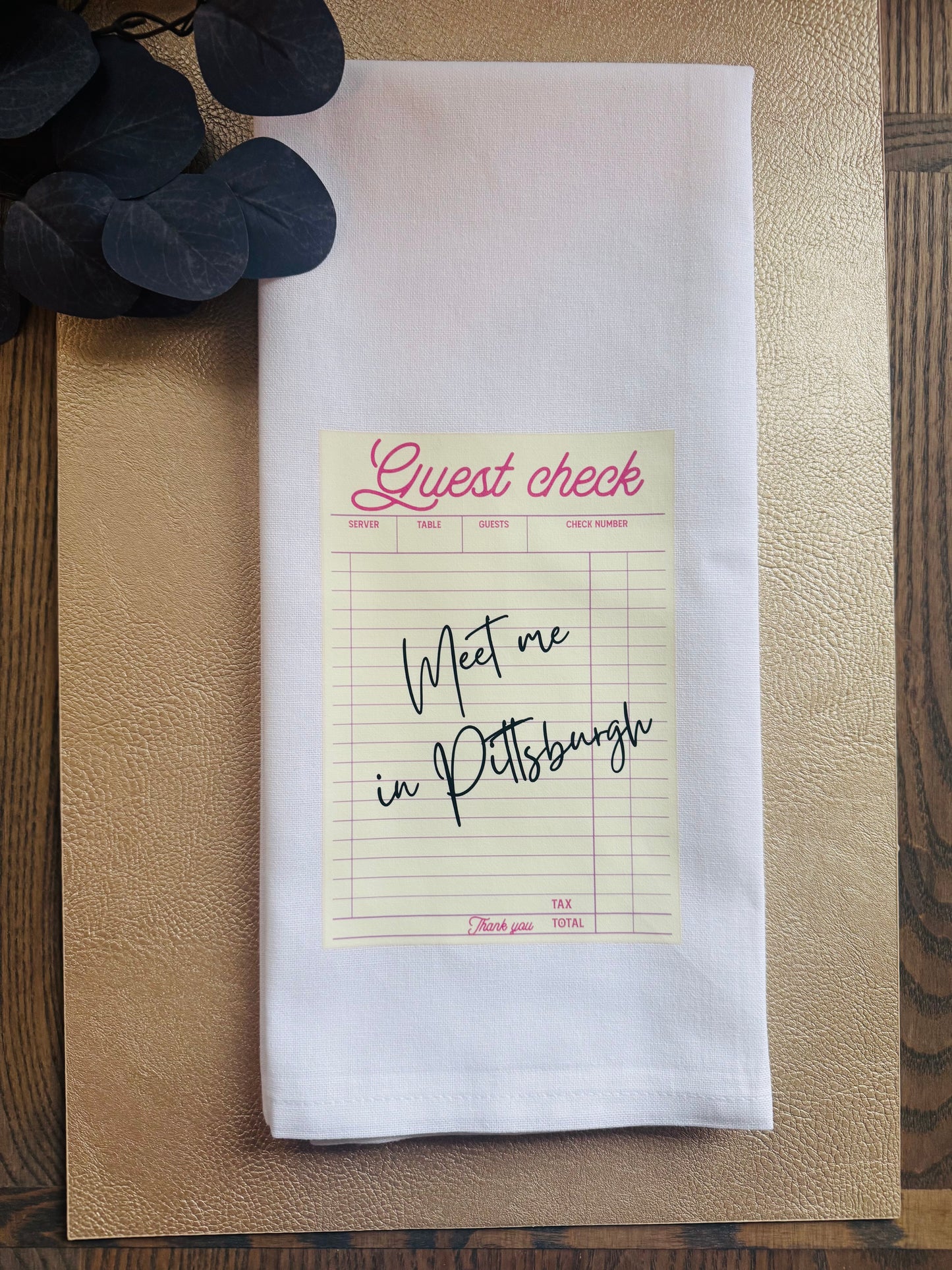 “Meet Me in Pittsburgh” Tea Towel – Guest Check Design, Pittsburgh Gift, Kitchen Decor, Housewarming or Hostess Gift