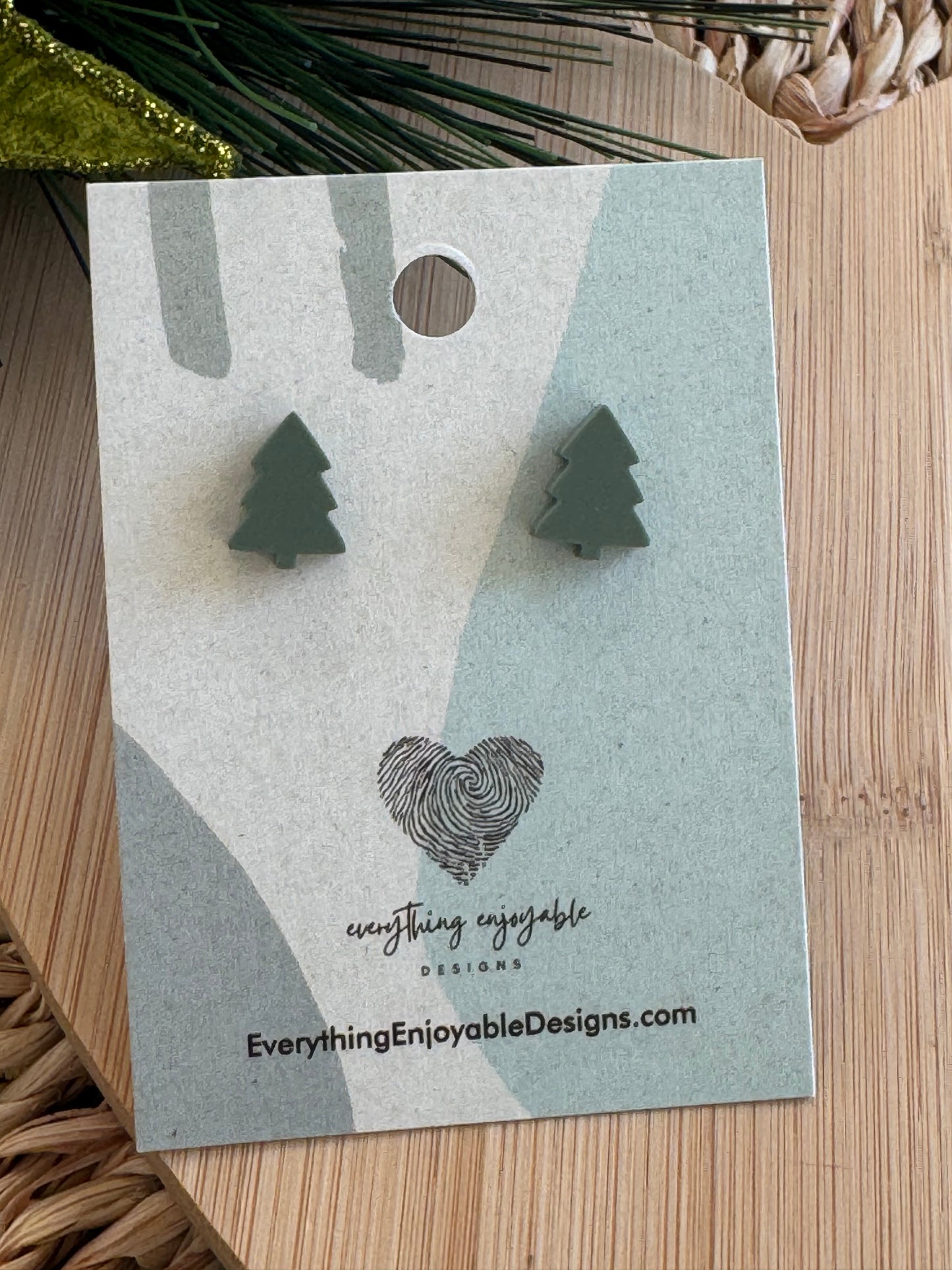 Minimal Christmas Tree Stud Earrings – Matte Green