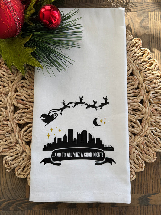 Pittsburgh Skyline Christmas Tea Towel – Banner Design, “And to All Yinz a Good Night,” Pittsburgh Gift