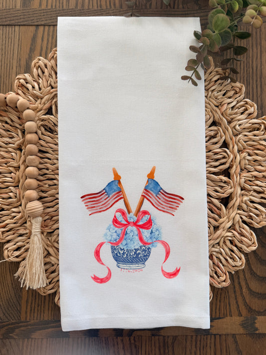 Patriotic Hydrangea Tea Towel | Chinoiserie Fourth of July Kitchen Towel | American 250