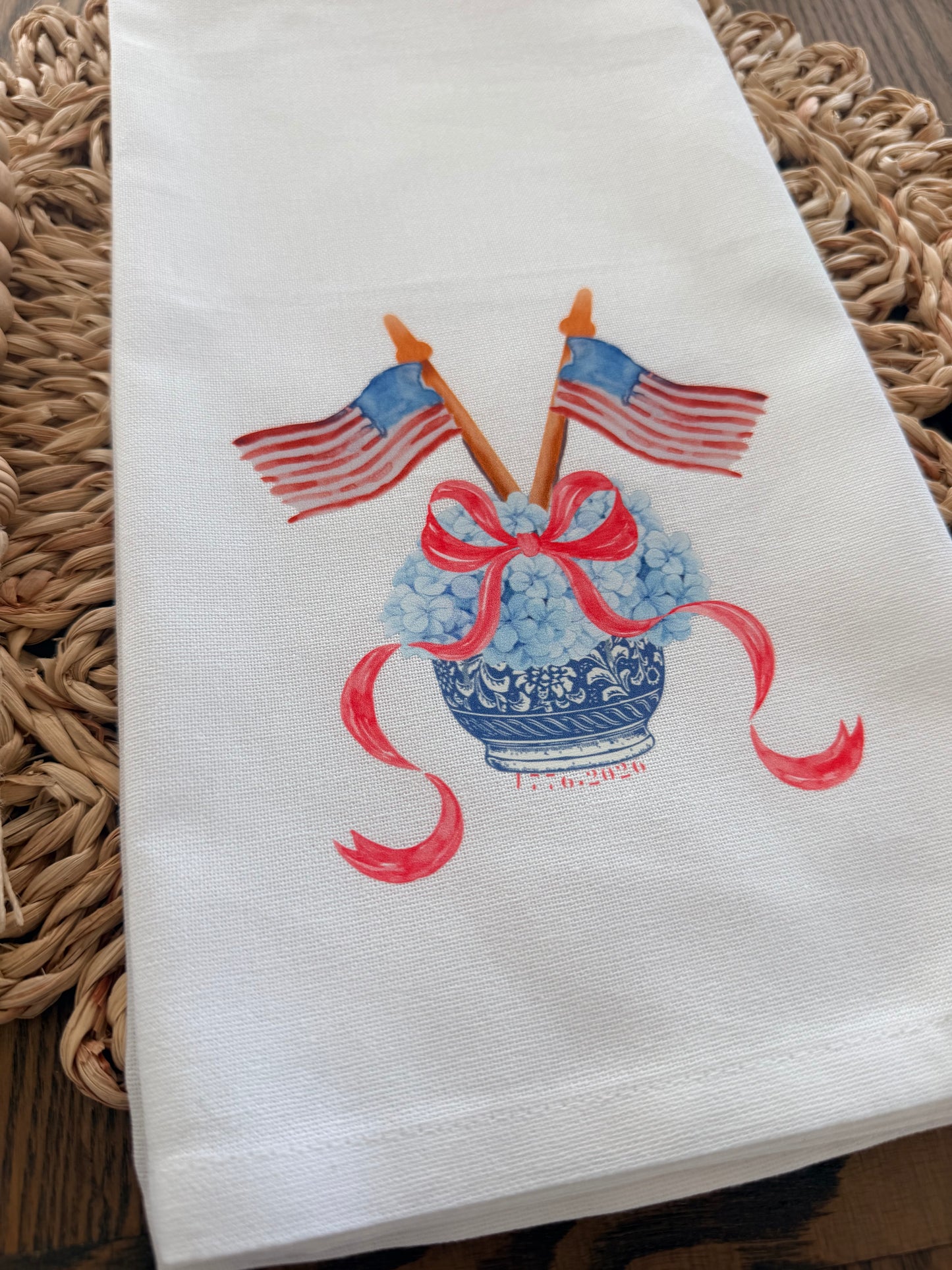 Patriotic Hydrangea Tea Towel | Chinoiserie Fourth of July Kitchen Towel | American 250