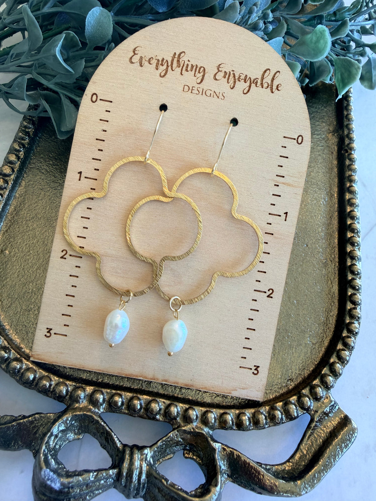 Gold Quatrefoil & Freshwater Pearl Earrings