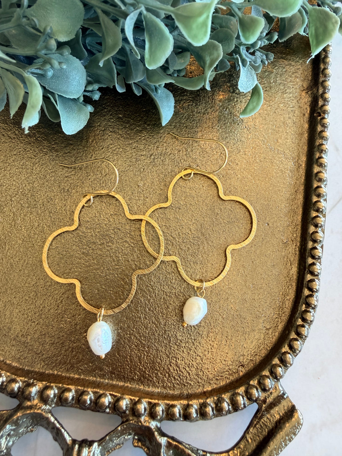 Gold Quatrefoil & Freshwater Pearl Earrings