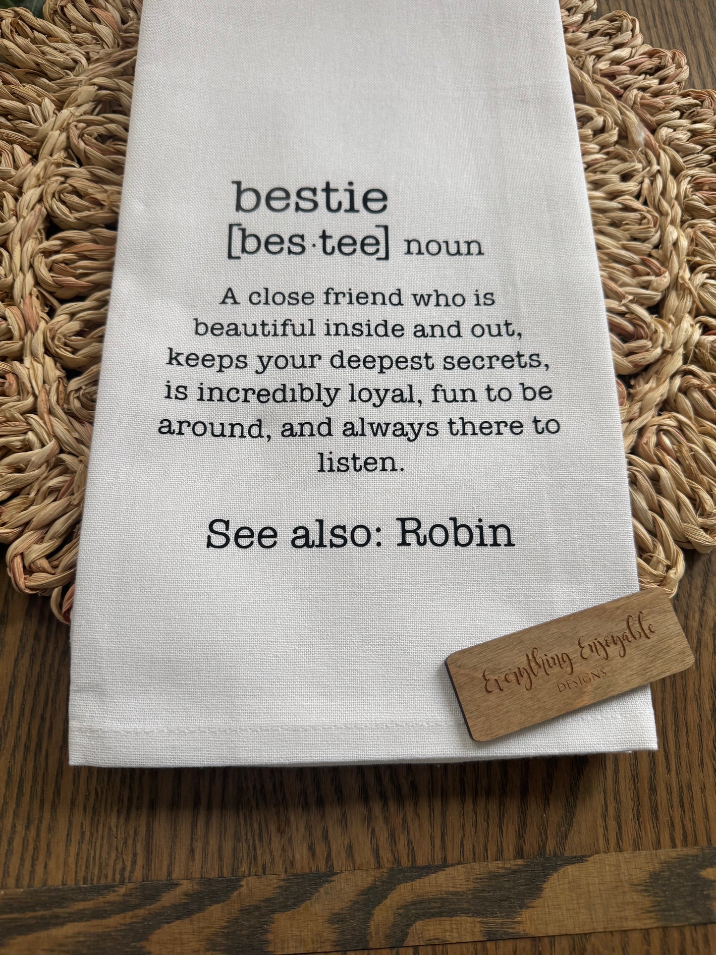 Personalized Bestie Tea Towel – Custom Name, Friendship Kitchen Towel Gift
