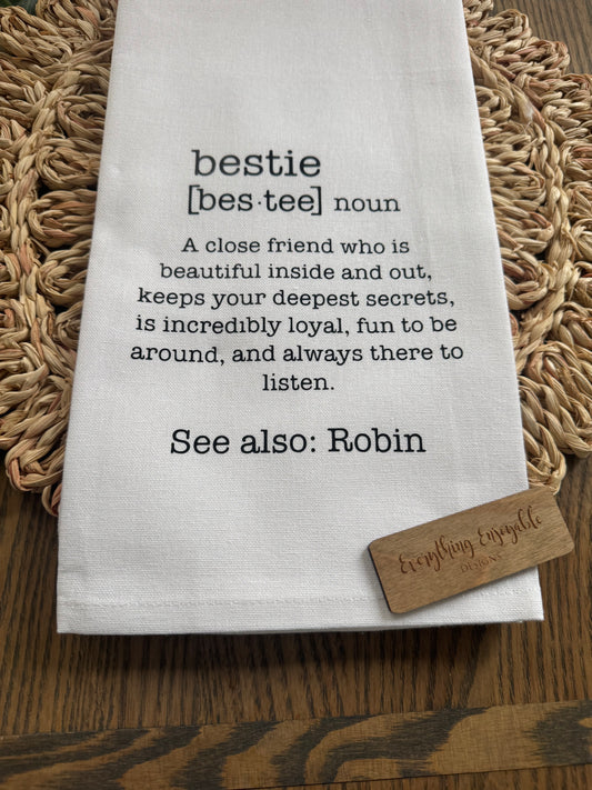 Personalized Bestie Tea Towel – Custom Name, Friendship Kitchen Towel Gift