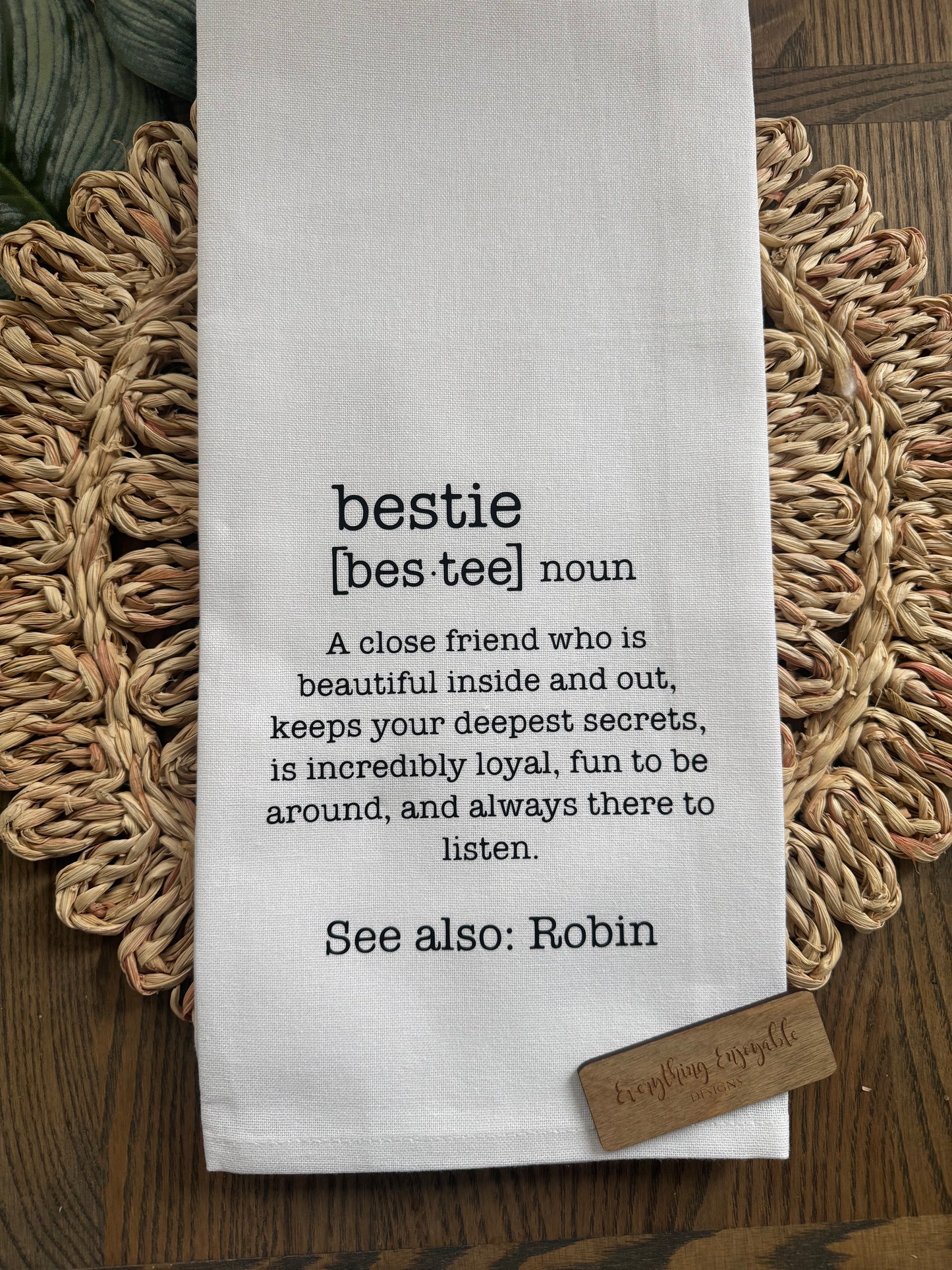 Personalized Bestie Tea Towel – Custom Name, Friendship Kitchen Towel Gift