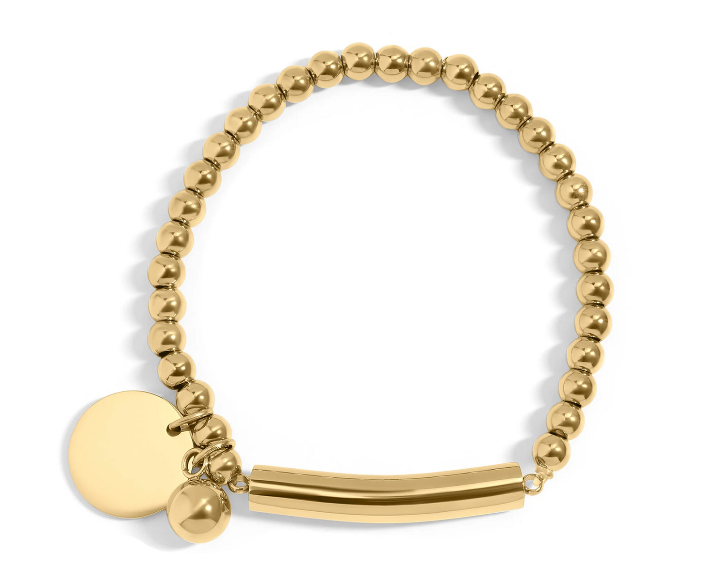 18K Gold PVD Stainless Steel Beaded Stretch Bracelet with Engravable Charm