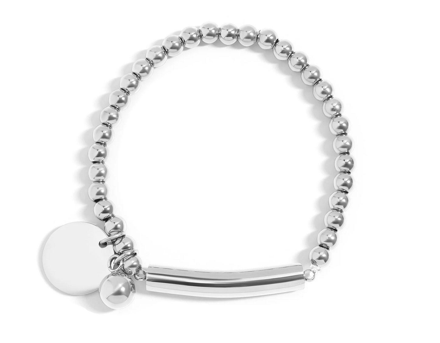 18K Gold PVD Stainless Steel Beaded Stretch Bracelet with Engravable Charm