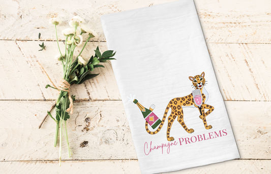 Champagne Problems chinoiserie leopard tea towel with pink champagne illustration