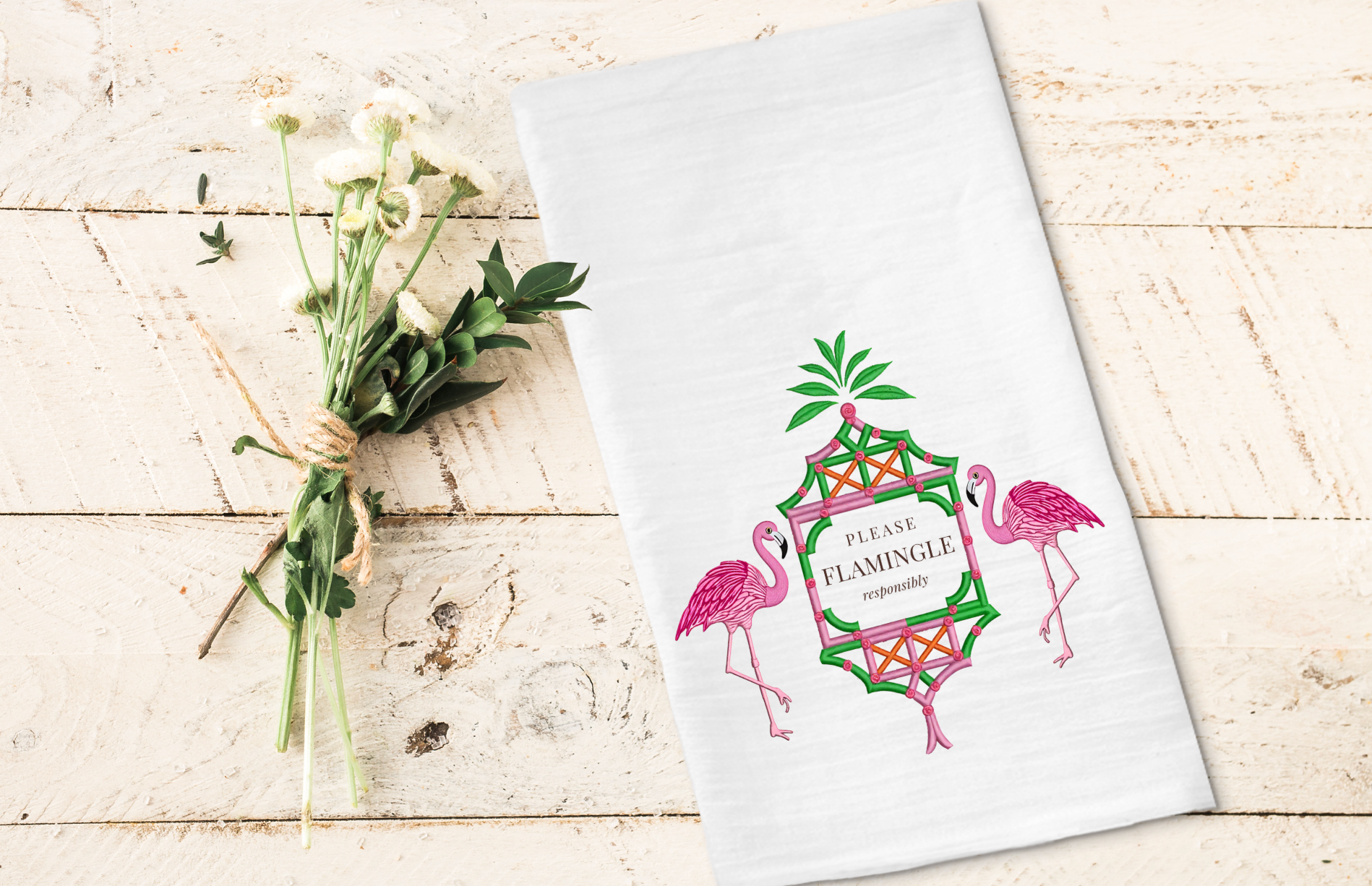 Chinoiserie flamingo tea towel with pink and green illustration