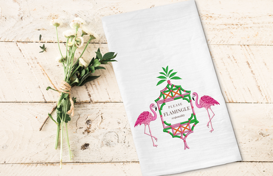 Chinoiserie flamingo tea towel with pink and green illustration