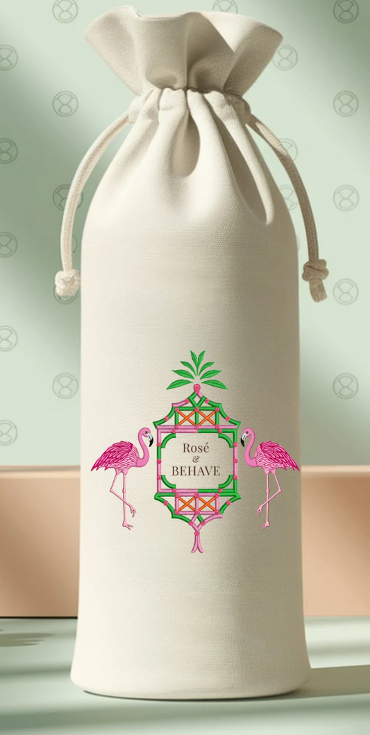 Rosé & Behave Wine Bag | Chinoiserie Flamingo Wine Gift Bag