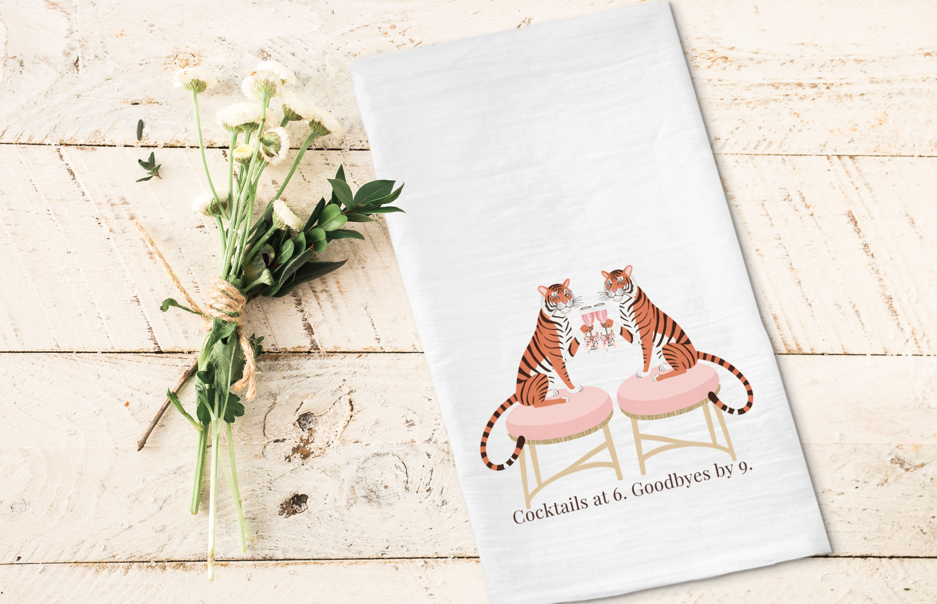 Cocktails at 6 Goodbyes by 9 chinoiserie tiger tea towel styled on neutral wood background