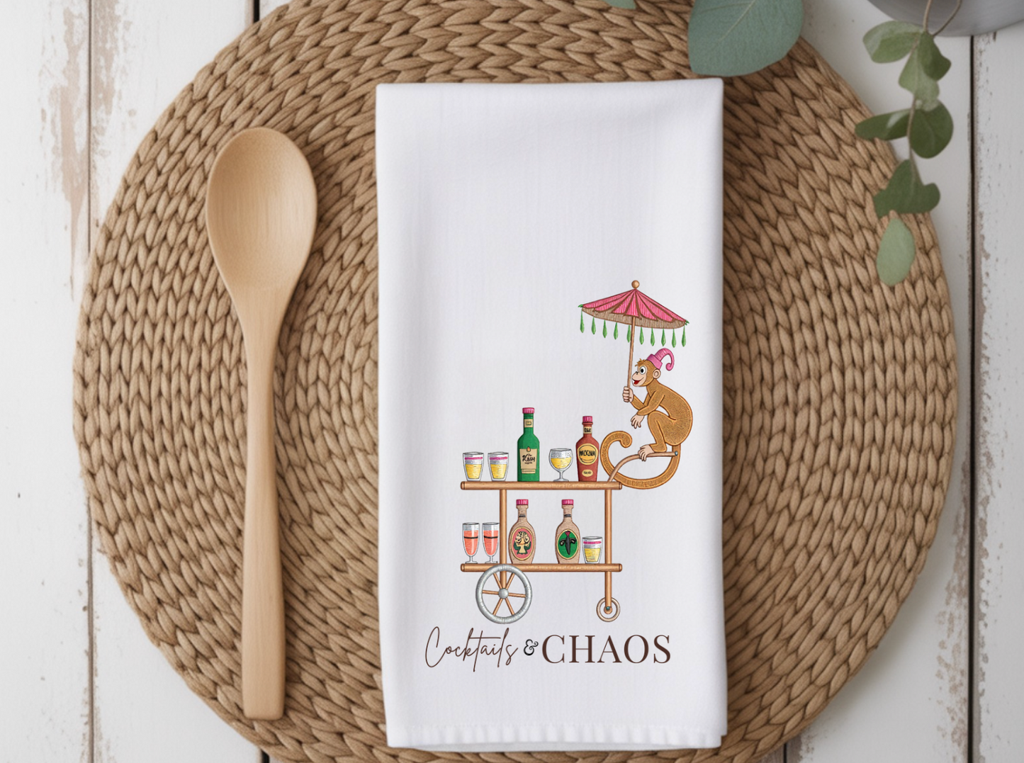 Cocktails & Chaos Tea Towel | Chinoiserie Monkey Kitchen Towel